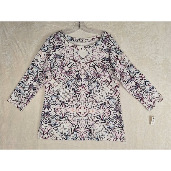 Talbots Womans PM Top Abstract Print 3/4 Sleeve Stretch Slit NWT Cotton Colorful - Picture 1 of 10